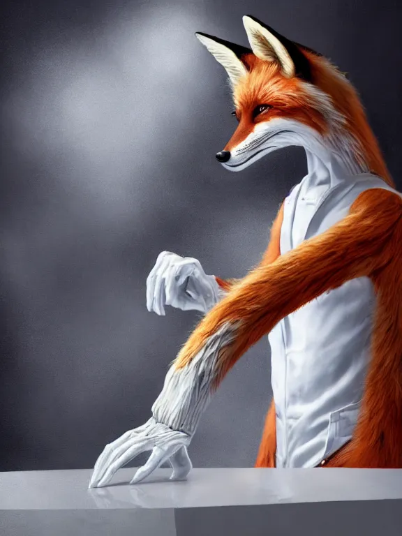 Image similar to a humanoid fox wearing a scientist white coat, chemicals on a white table in front of the fox, digital art, digital painting, masterpiece, anatomically correct, five fingers, cinematic, high coherence, realistic, high quality, highly detailed, 8 k, dramatic lighting, path traced, centered, high definition