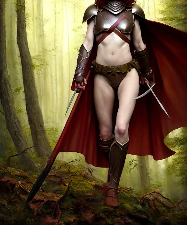 Image similar to hyperrealistic mixed media painting of a beautiful young female ranger, stunning 3d render inspired art by P. Craig Russell and Barry Windsor-Smith + perfect facial symmetry + dim volumetric lighting, dark red hair, pale skin, crimson leather armor with long flowing cape, stealthily moving through a dark forest, dizzy, full body, d&d, 8k octane beautifully detailed render, post-processing, extremely hyperdetailed, intricate, epic composition, grim yet sparkling atmosphere, cinematic lighting + masterpiece, trending on artstation, very very detailed, masterpiece, stunning