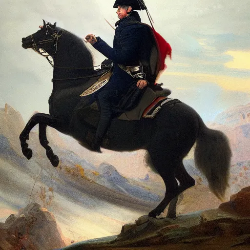 Image similar to Napoleon Bonaparte riding to battle on his electric scooter by Jeremy Lipkin and Giuseppe Dangelico Pino, oil on canvas, epic pose, cinematic, poster, 8k