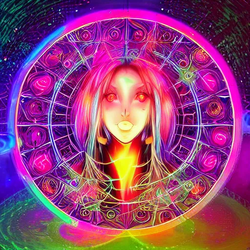 Image similar to anime dj girl electronic circuitry, with fireflies reflections hall of mirrors kaleidoscope bioluminescent vines and flowers, glitter, fractals, by scott uminga and chris dyer and alex grey street art, trending on artstation, dramatic lighting, octane render, weta digital, trending on deviant art, deepdream, ray trace