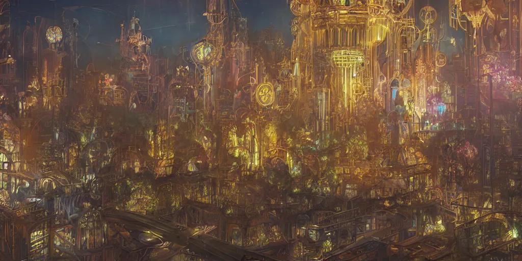 Image similar to colossal steampunk conservatory, geometric, esoterism, studio ghibly, mucha, beksinky, jas gourney, modern filgree, gardens flowers, windows tower, cener, multi-leveled, night neon lights by Stanley Artgerm Lau, WLOP, Rossdraws, ArtStation, concept art, octane render, trending on artstation, artstationHD, artstationHQ, unreal engine, 4k, 8k,