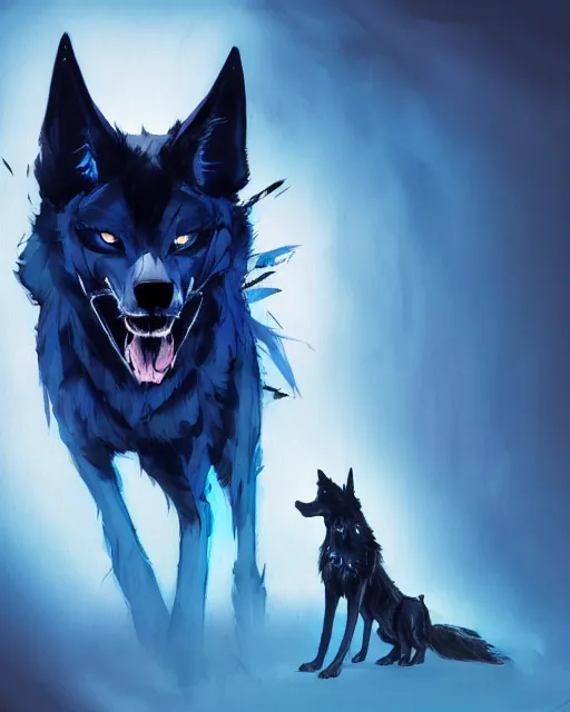 Image similar to concept art of a black wolf with blue neon wings, highly detailed painting by dustin nguyen, akihiko yoshida, greg tocchini, 4 k, trending on artstation, 8 k