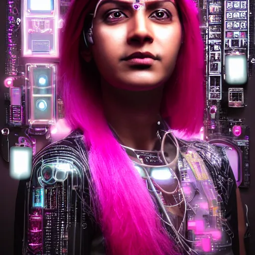 Image similar to portrait of a indian woman with pink hair as a cyberpunk cyborg half robot, revealing wires and electronics, circuit boards, wire management, sci - fi, missing panels, intricate abstract upper body intricate artwork, concept art, octane render, deviantart, cinematic, key art, hyperrealism, iridescent accents, portrait photograph, nikon 3 5 mm, photograph by greg rutkowski