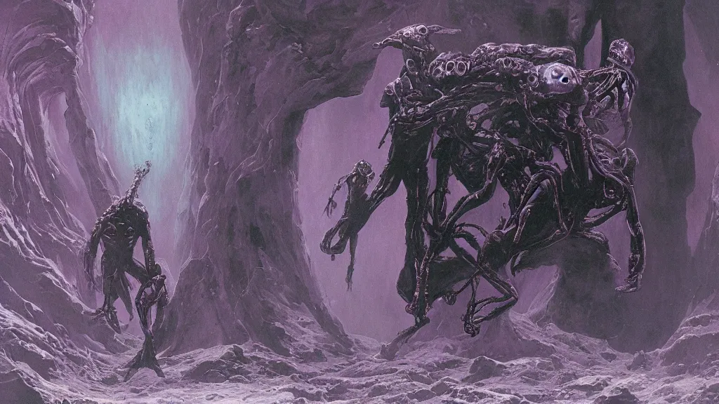 Prompt: a dark space alien is encountered during a space walk on planet Enduria b, in the style of Wayne Barlowe