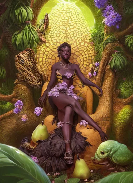 Image similar to portrait of female zulu wizard sitting on a vast throne of frogs, surrounded by flower and pears. afrogoth matte painting concept art, beautifully backlit, intricate digital painting, subtle tones, cinematic aesthetic octane render, grimdark, by rhads, james jean, ross tran and artgerm