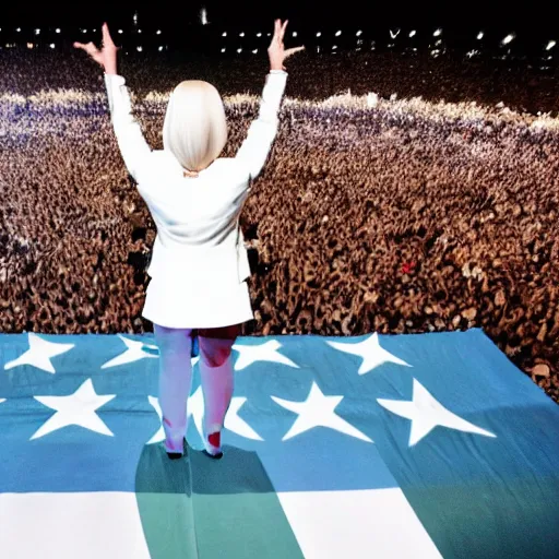 Image similar to Lady Gaga as president, Argentina presidential rally, Argentine flags behind, bokeh, giving a speech, detailed face, Argentina