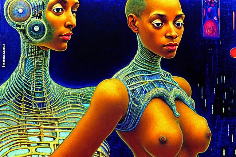 Image similar to realistic extremely detailed closeup portrait painting of a beautiful black woman in a dress with supercomputer robot, city street on background by Jean Delville, Amano, Yves Tanguy, Ilya Repin, Alphonse Mucha, Ernst Haeckel, Edward Hopper, Edward Robert Hughes, Roger Dean, rich moody colours