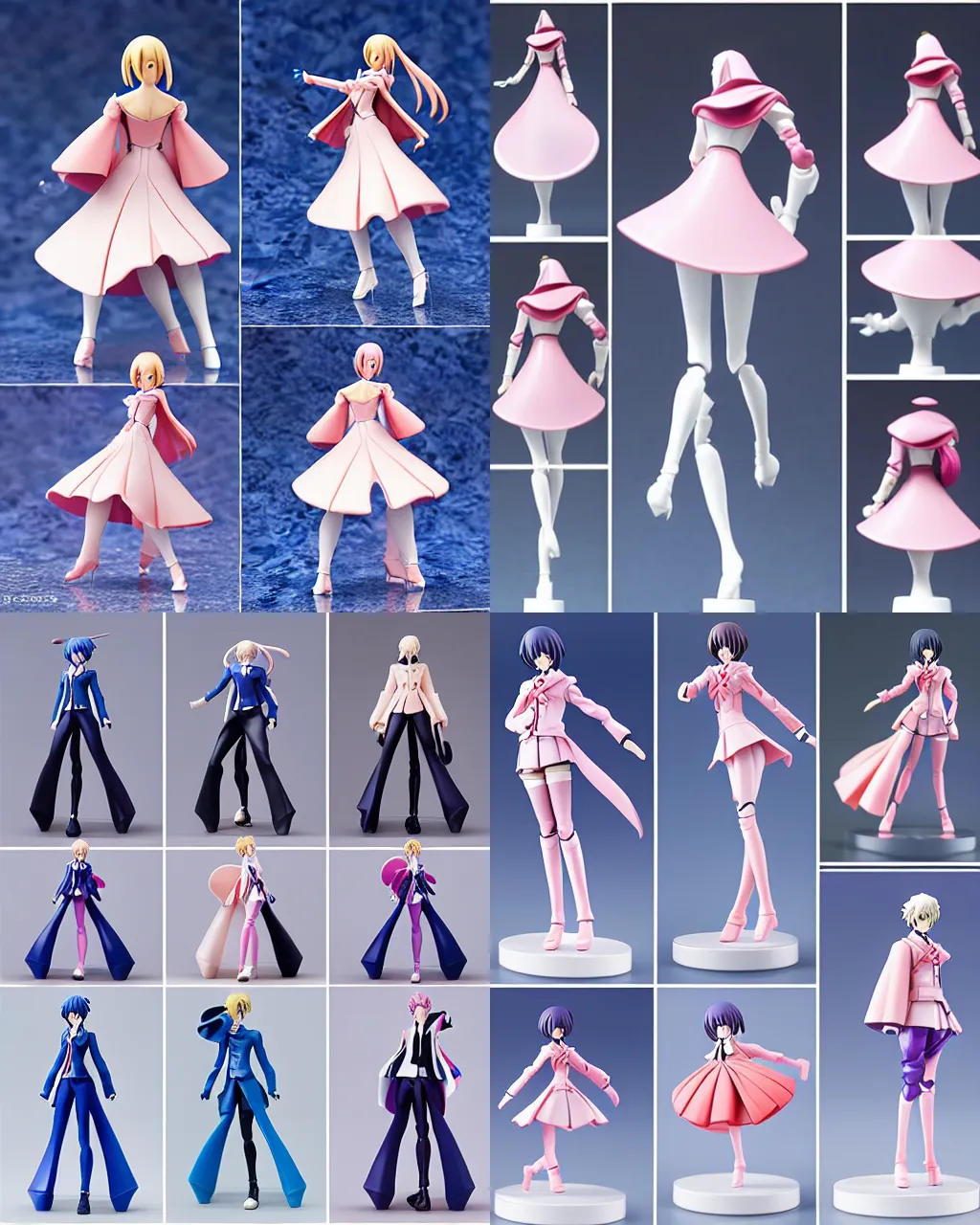 Prompt: anime figma figure collection ball shaped accordion sleeve haute couture, sailor uniform, coat, synthetic curves striking pose, dynamic folds, cute pockets, volume flutter, youthful, modeled by modern designer bust, body fit, award fashion, picton blue, petal pink gradient scheme, holographic tones, expert composition, professional retouch, editorial photography