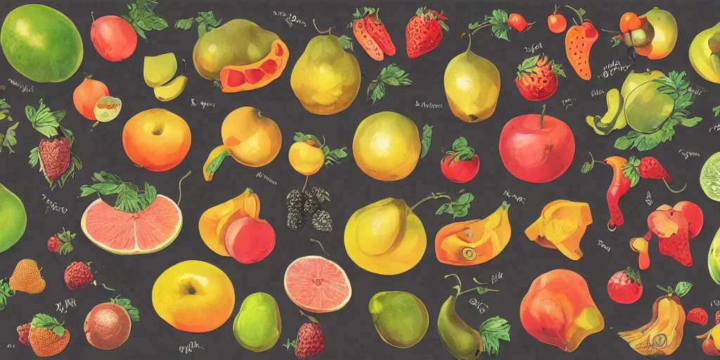 Image similar to full color page scan of various vintage imaginal fruit illustrations on black background, in matte painting, 2 d, kitbash, 4 k