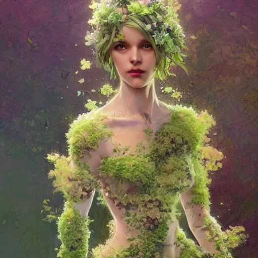 Image similar to a human figure made of moss and flowers, beautiful high quality realistic fantasy art, trending on artstation by artgerm and greg rutkowski and alphonse mucha