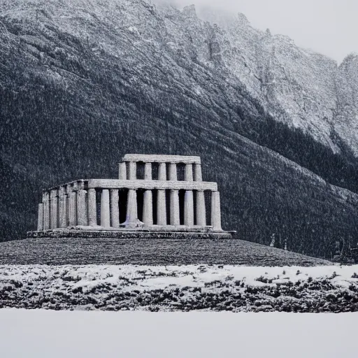 Image similar to a monolithic temple next to a snowcapped mountain. overcast sky, grainy, snowing.