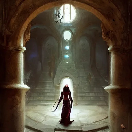 Image similar to A female tiefling sorcerer, stepping through a magical portal showing another dimension, into a palace courtyard, dramatic lighting, fantasy art by Greg Rutkowski