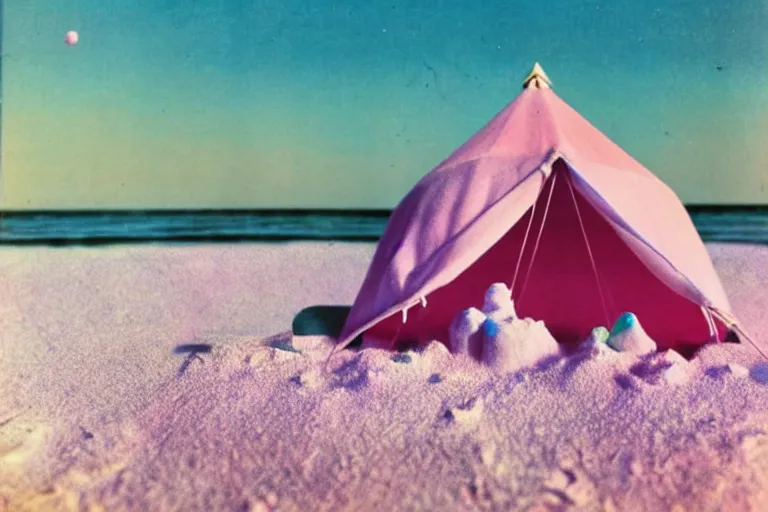 Image similar to a vintage family holiday photo of an empty beach from an alien dreamstate world with chalky pink iridescent!! sand, reflective lavender ocean water and a pale igloo shaped plastic bell tent. refraction, volumetric, light.