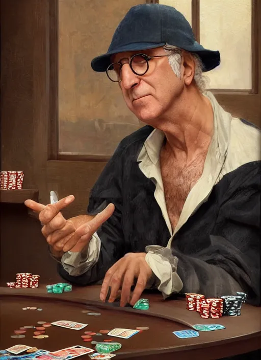 Image similar to beautiful fantasy painting of larry david playing poker, by Kenne Gregoire, James Jean, Tran Nguyen, WLOP, Jakub Rebelka. trending on Artstation, 8k, masterpiece, face enhance, graffiti paint, fine detail, full of color, intricate detail, golden ratio illustration