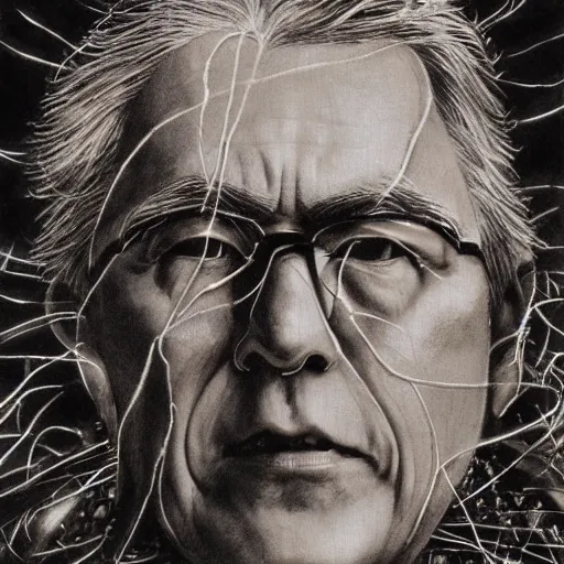 Image similar to Yoshitaka Amano realistic illustration of jeb bush ,hair fluttering in the wind, cracks on his face wearing Elden ring armour with engraving, abstract black and white patterns on the background, noisy film grain effect, highly detailed, Renaissance oil painting, weird portrait angle, blurred lost edges, three quarter view