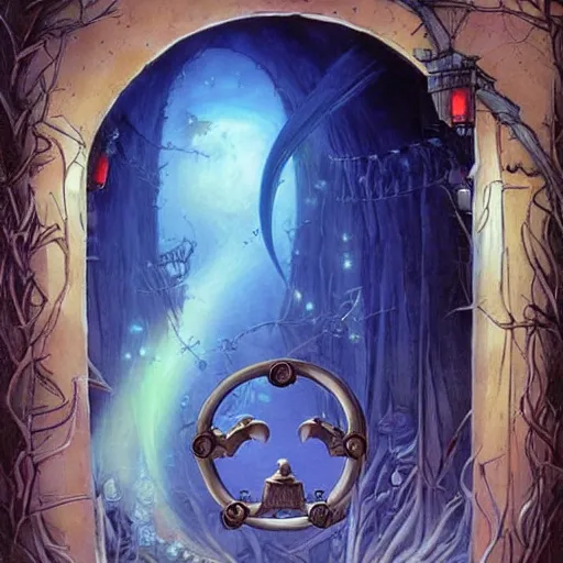 Prompt: gate portal with another world visible inside style studio ghibli and Gerald Brom, faeries flyng, dreamy, mystical, dark