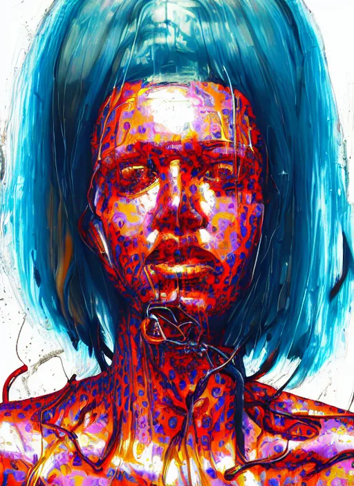Image similar to extreme long shot, kodachrome, oil painting, melting face, cyberpunk 2 0 y. o model girl, wrapped in wires and piones, clear blue sky vintage style, looking straight ahead, in the style of yayoi kusama, technicolour, lineart, higly detailed, artstation