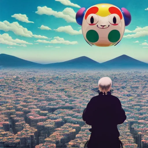 Image similar to a man walking on clouds above kyoto by takashi murakami, beeple and james jean, aya takano color style, 4 k, super detailed, modern, 4 k