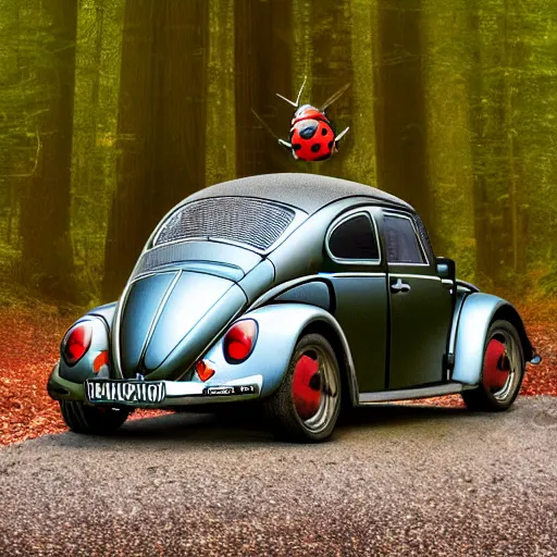 Image similar to promotional scifi - blockbuster movie scene of a ladybug merged with a'glossy volkswagen beetle '. it has wings and is flying down a dusty backroad along a gentle creek in smokey mountains tennessee. cinematic, muted dramtic color, 4 k, imax, 7 0 mm, hdr