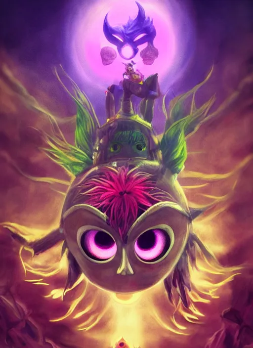 Prompt: realistic,majora\'s mask floating in the air while looking at the viewer maniacally, skull kid, legend of zelda fairy in the background, dramatic lighting, cinematic, film, dynamic pose, movie scene, colorful, dark art, concept art, 8K