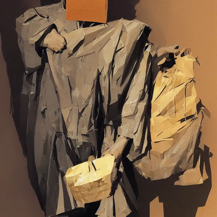 Image similar to melted old fat man portrait with a paper bag over the head, in paper bag clothing, holding a stack of paper bags, highly detailed, artstation, art by ian mcque, ilya kuvshinov, zdislav beksinski, wayne barlowe, edward hopper