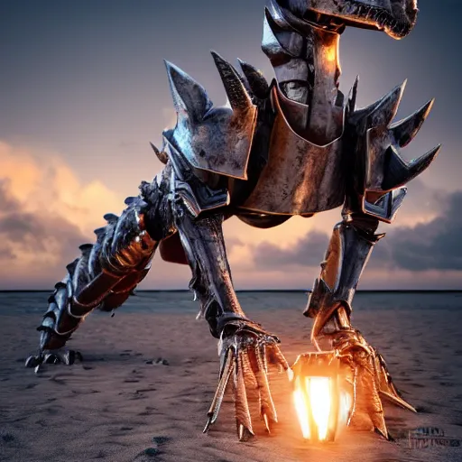 Prompt: cinematic body shot, realistic detailed stunning beautiful armored anthropomorphic female robot dragon, looking to the side with an elegant pose of hand on hip, smooth and streamlined armor and design made of steel, sharp claws and sharp teeth, high quality head, Slick LEDs, on the beach during sunset, high quality, cinematic art, sci fi, sunset lighting, 3D render, 8k, artstation, deviantart, furaffinity