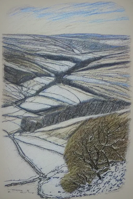 Prompt: “The Yorkshire moors, covered in snow, drawn by Raymond Briggs in coloured pencils”