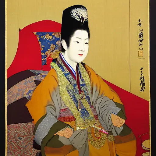 Image similar to sri sultan hamengkubuwono ix with blangkon and batik portrait, art by utamaro kitagawa, raden saleh, banksy, basuki abdullah