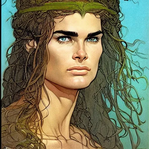 Prompt: a realistic, very beautiful and atmospheric portrait of young brooke shields aged 2 0 as a druidic warrior wizard looking at the camera with an intelligent gaze by rebecca guay, michael kaluta, charles vess and jean moebius giraud