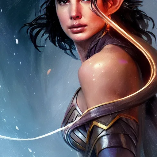 Prompt: gal gadot as an elf from lord of the rings, concept art by leonardo divinci and greg rutkowski, painting, 4 k 8 k trending on artstation, highly detailed, key splash art, octane render, beautiful lighting, rule of thirds, golden ratio,