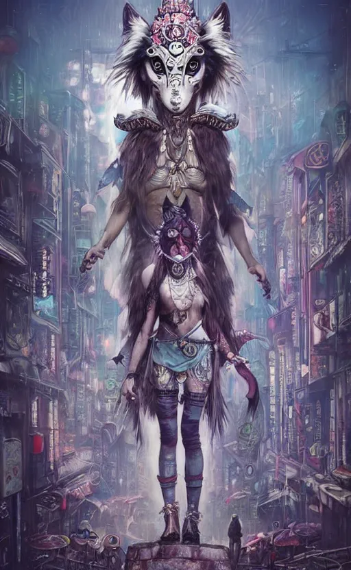 Image similar to hyper realistic Princess Mononoke, ornate mask magic, wet market street, cyberpunk metropolis, city landscape, jewels, full body pose, full moon, wolf by her side, style of tom bagshaw, mucha, james gurney, norman rockwell, denoised, sharp