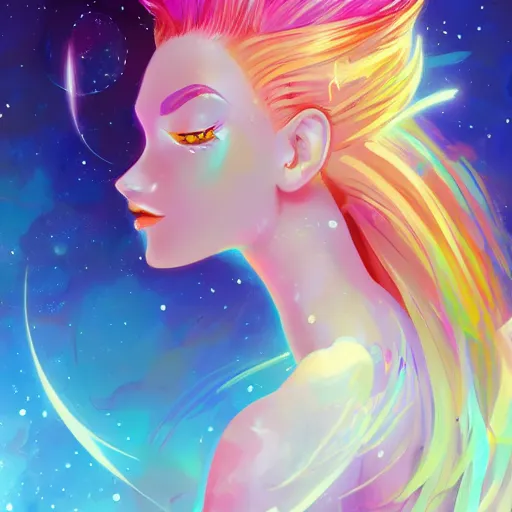 Prompt: beautiful woman with the universe in her hair, posed looking back over her shoulder, in the style of sailor moon, vibrant, highly detailed, digital painting, artstation, concept art, smooth, sharp focus, illustration, art by WlOP