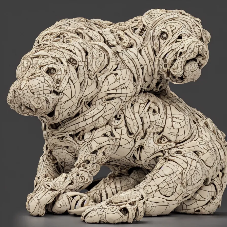 Prompt: beautiful gallery show studio photograph of a giant realistic biomechanical ceramic sculpture of a shar pei dog, fractal 3 d structure, celadon glaze, placed on a polished wooden table, colorful hyperrealism 8 k trending on artstation