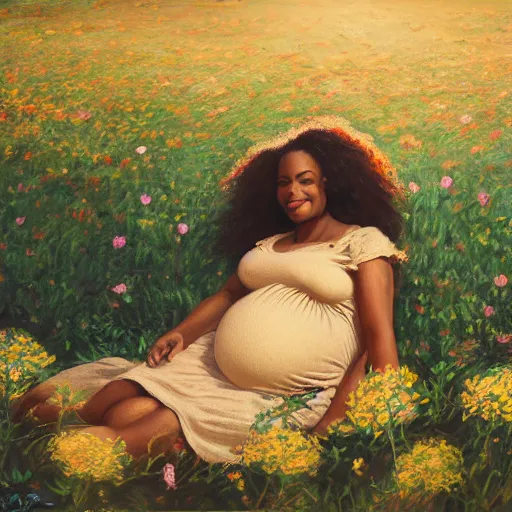 Prompt: pregnant black woman with curly hair in a vast field of flowers, laying down, a tiny black puppy running around, golden hour, vintage, impressionist painting, fine art, oil painting, dreamy, pastel, laughing, happy, intricate details, sharp, peaceful, serene