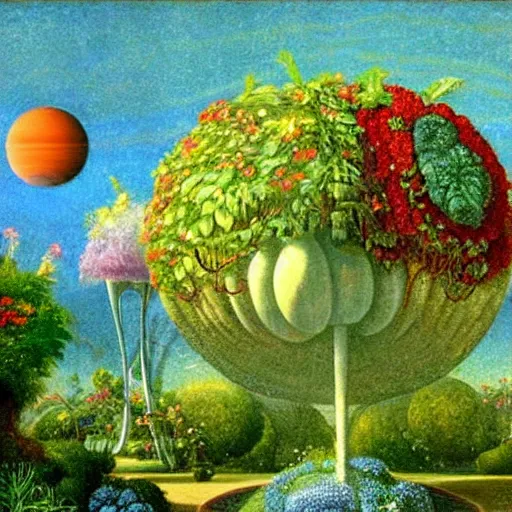 Image similar to a garden in orbit around saturn, 8 k, lowbrow, in the style of martin johnson heade, roger dean and john bauer,