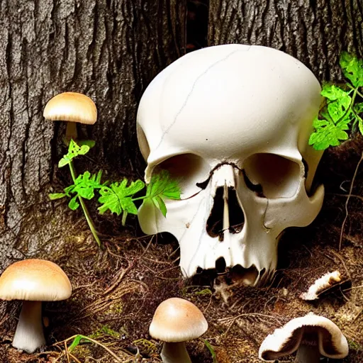 Prompt: a broken skull in the forest, mushrooms growing from cracks in the skull