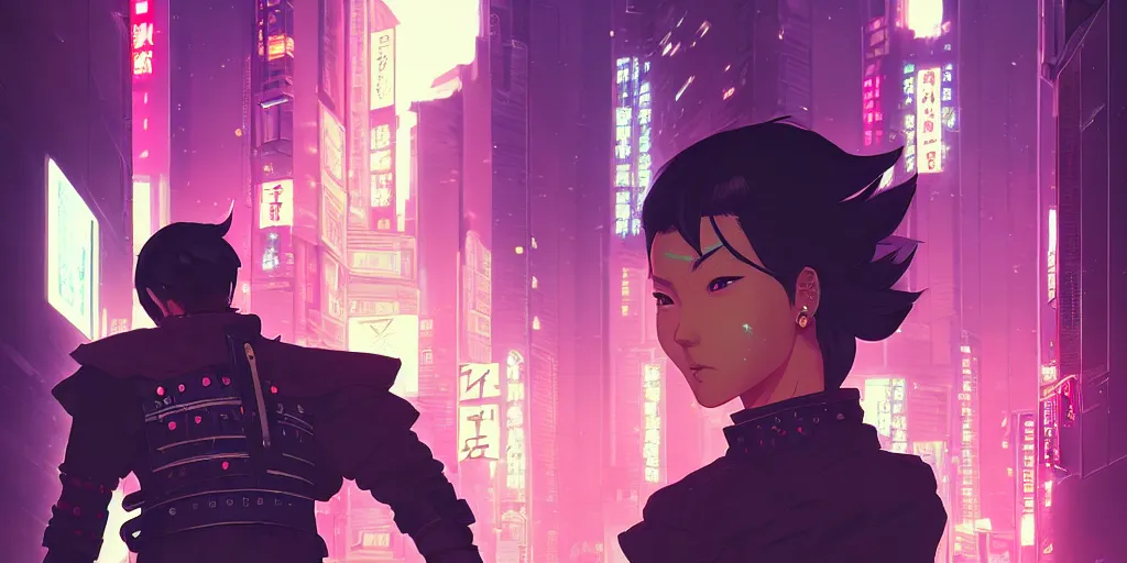 Image similar to digital illustration closeup portrait of cyberpunk samurai in city street at night by makoto shinkai, ilya kuvshinov, lois van baarle, rossdraws, basquiat | afrofuturism, in the style of hearthstone, trending on artstation | cool color scheme