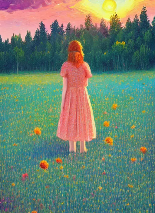 Prompt: girl with flower dress, standing in a field with flowers in the air, hills, big trees, sunrise dramatic light, impressionist painting, colorful clouds, digital painting, pointillism, artstation, simon stalenhag