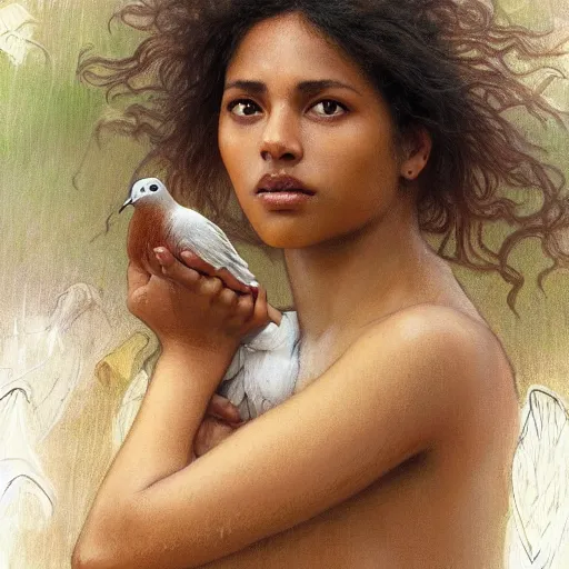 Prompt: artstation concept of a beautiful girl holding a dove, brown skin, sweaty skin, symmetrical face, casual white garment, brown canyon background, shiny colorful, hyperdetailed, artstation trending, world renowned artists, worth1000.com, historic artworks society, antique renewal, cgsociety, by greg rutkowski, by Alfons Maria Mucha, Deviantart