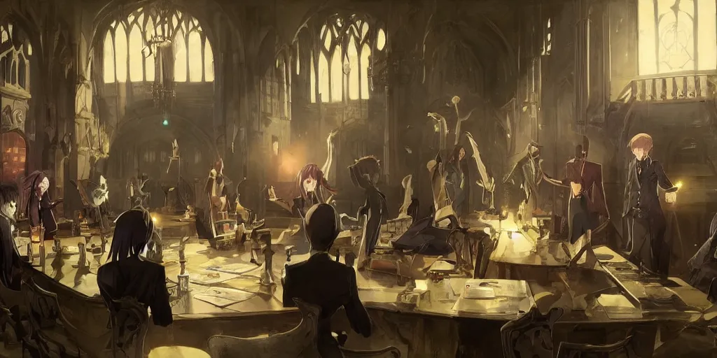 Prompt: anime serious discussion club in the shadow gothic hall with the dark triangle table with logic hierarchy places, madness, conspiracy, sophistication, ai catgirls and and ducks by greg rutkowski