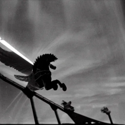 Prompt: movie still of pegasus flying, cinematic composition, cinematic light, criterion collection, by david lynch