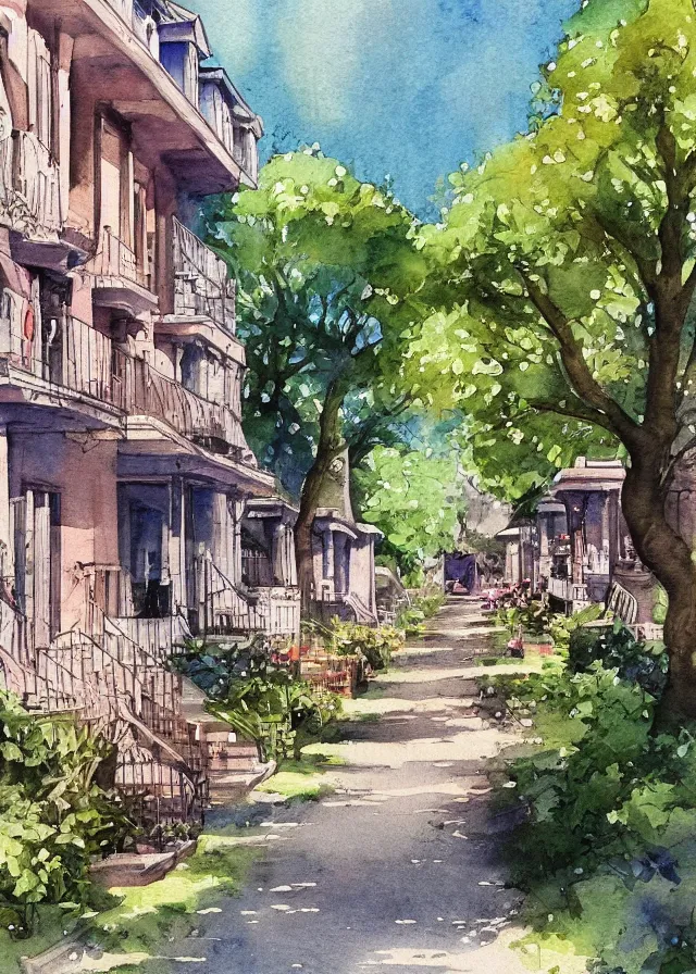 Prompt: street lined with old residential houses summer watercolor by arti chauhan trending on artstation