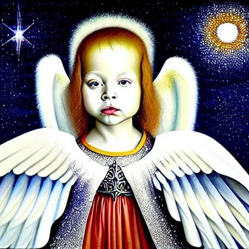 Image similar to beautiful high details hyper realistic painting of white angel in the hood coming from space with giant ball of miracle light from the chest!!!!!, 4 k hd face!!!, cute face, no gender, giant silver holographic wings, by jan van eyck, holography space, white sparkles everywhere, thin strokes, high textures, silver background