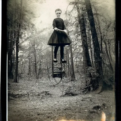 Image similar to Polaroid photo of a distant ominously glowing Victorian child floating ten feet above the ground in a thick forest