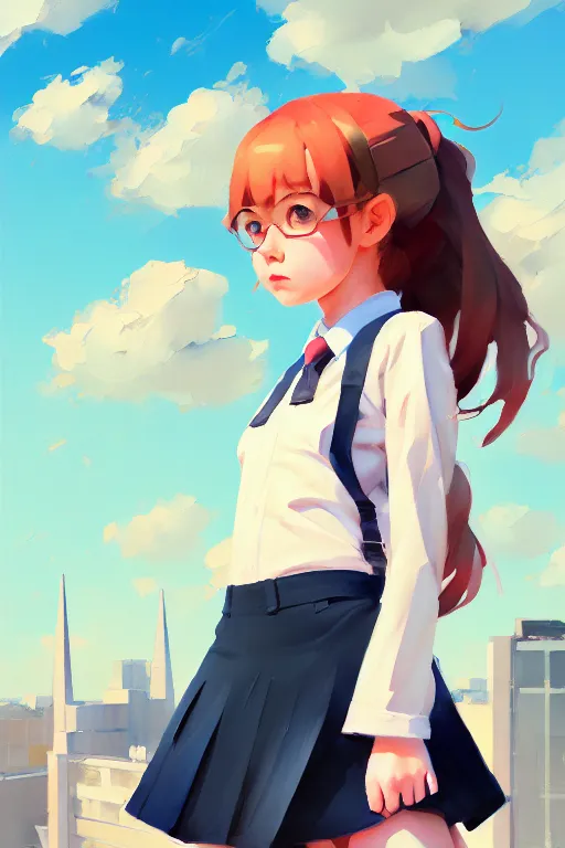 Prompt: gouache of a cute girl wearing school uniform standing on the edge of the roof of a tall building, 8 k wallpaper, strong brush stroke, sharp focus, illustration, morandi color scheme, art station, by krenz cushart