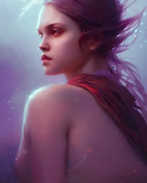 Prompt: girl portrait by greg rutkowski and charlie bowater, vivid, aesthetic, fine details, colorful swirly ripples, gaudy colors, luminescent, organic matte painting, realistic eyes, masterpiece, busy background, bokeh, depth of field