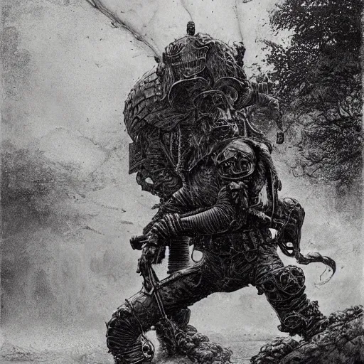 Prompt: Stoned steampunk stormtrooper shoot at drunk mad mushroom-werewolf by Gustave Doré, Greg Rutkowski, Zdzisław Beksiński