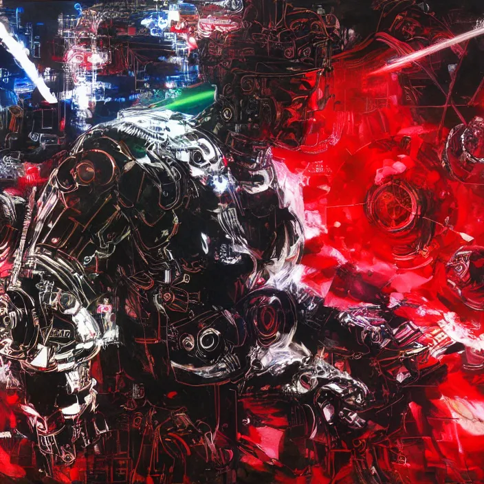 Image similar to cyborg with glowing red eyes, clouds, lasers, painting by greg ruthowski, yoshikata amano, yoji shinkawa, alphonse murac, collaborative artwork, beautifully drawn, heavily detailed