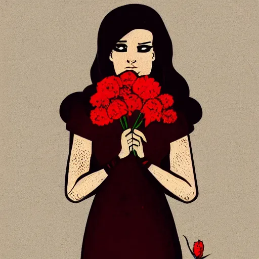 Prompt: a woman holding a red flower by tim doyle