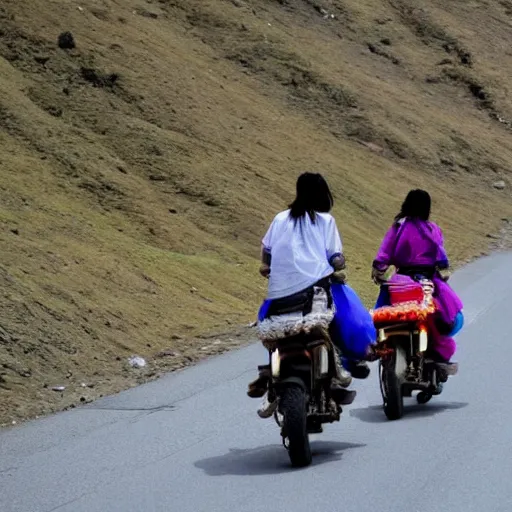 Prompt: Two japanese women riding motorbikes through the Himalayas